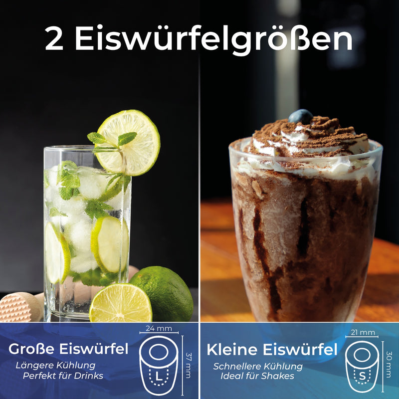Eiswürfelmaschine 120 Watt mit großen und kleinen Eiswürfeln, perfekte Größe für Getränke und Shakes.