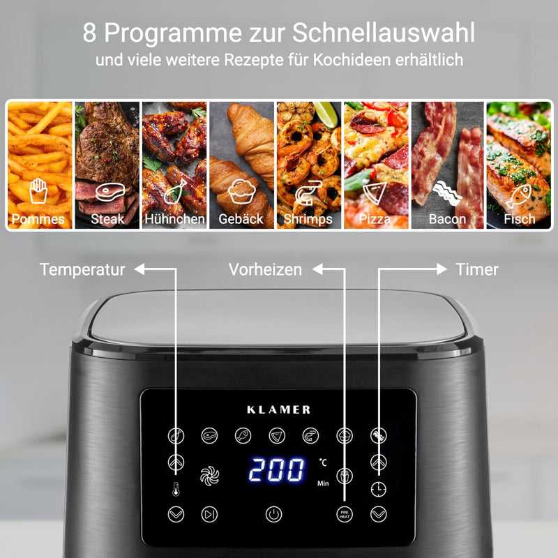 Heißluftfritteuse XL 5.5L mit 8 Programmen zur Schnellauswahl und eleganter LED-Digitalanzeige