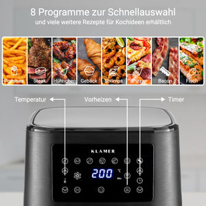 Heißluftfritteuse XL 5.5L Schwarz mit LED-Digitalanzeige und 8 Programmen zur Schnellauswahl.