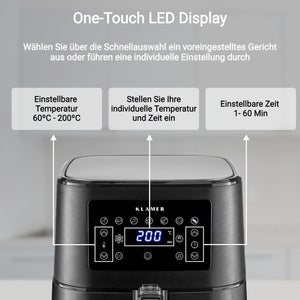 Heißluftfritteuse XL 5.5L Schwarz mit One-Touch LED Display zur einfachen Temperatur- und Zeiteinstellung.