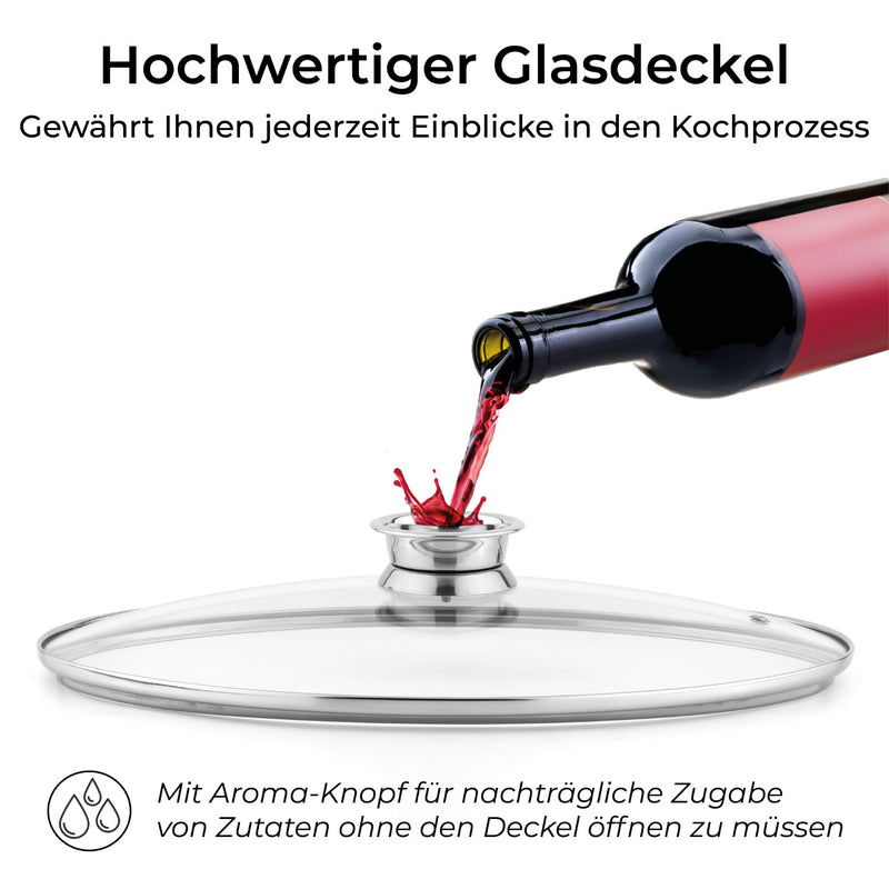 Hochwertiger Glasdeckel für Edelstahl-Bräter mit Aroma-Knopf und Einsicht in den Kochprozess.