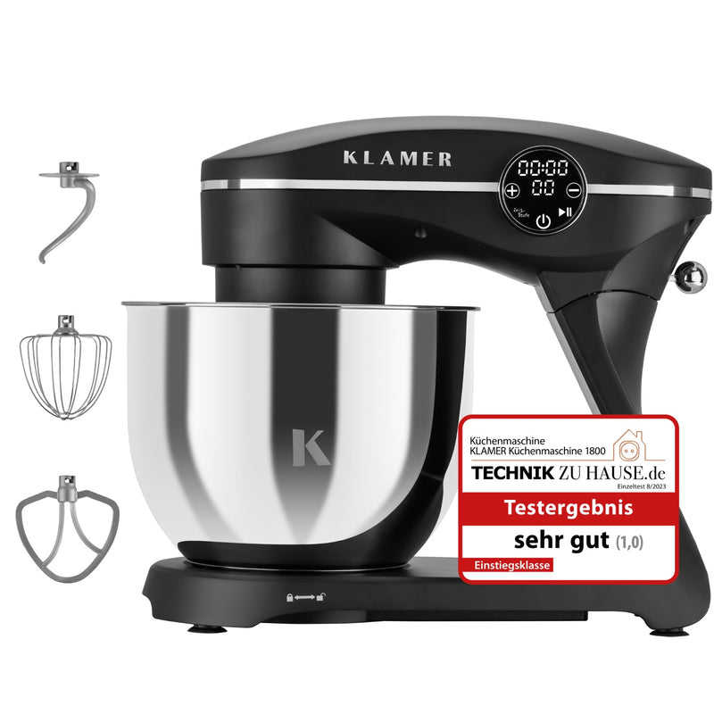 Küchenmaschine Klamer 1800 Watt mit Edelstahl-Rührschüssel und Zubehör für effektives Kochen und Backen.
