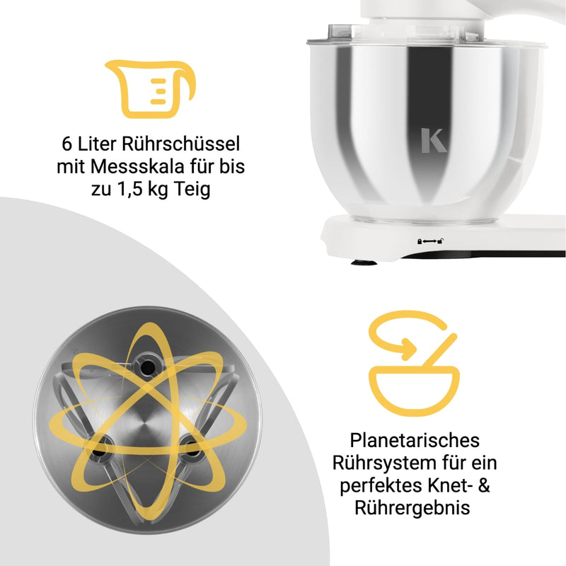 Küchenmaschine mit 6 Liter Rührschüssel und planetarischem Rührsystem für perfekte Knet- und Rührergebnisse.