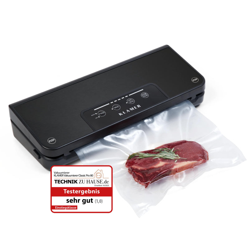 Vakuumierer Vacuum Pro 80 mit Steak und Testergebnis sehr gut, ideal zum Sous Vide Kochen.