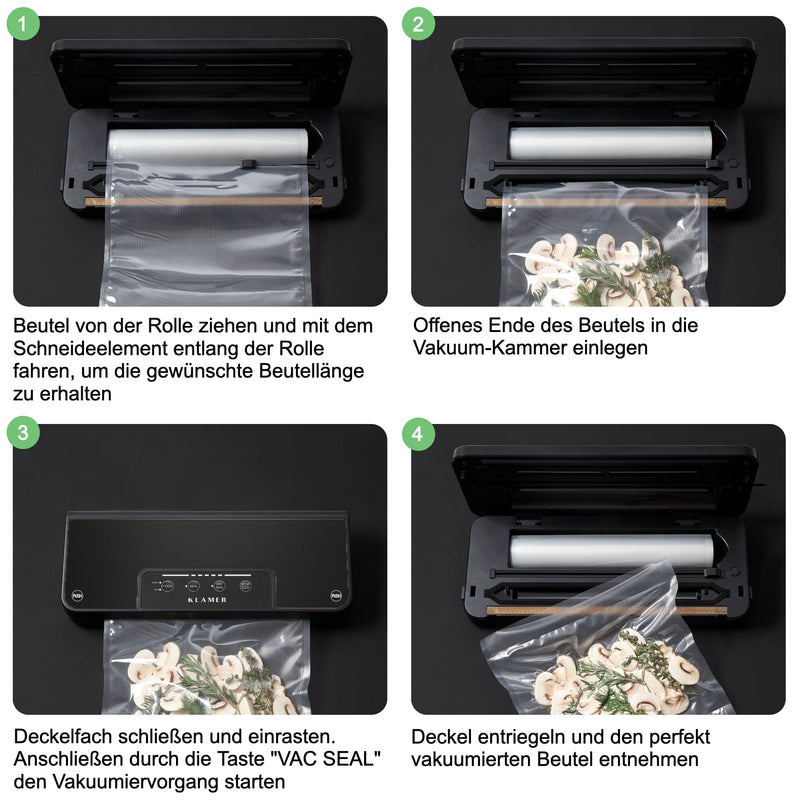 Anleitung zur Nutzung des Vakuumierer Vacuum Pro 80 mit vier Schritten zur Beutelvorbereitung und Vakuumierung.