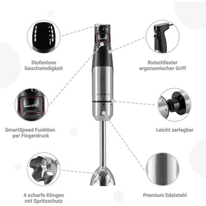 Stabmixerset 4-teilig 1000 Watt mit ergonomischem Griff und SmartSpeed Funktion, 4 scharfen Klingen aus Premium Edelstahl.