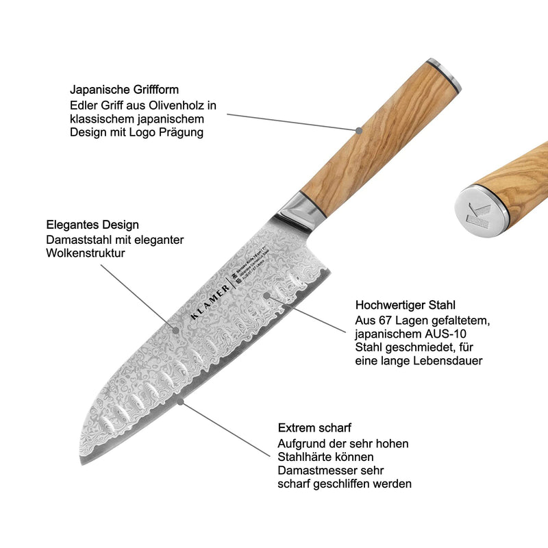 Santoku Damastmesser 18cm mit Olivenholz