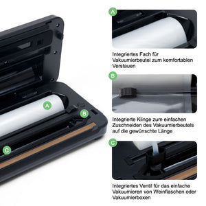 Vakuumierer Vacuum Pro 80 mit integriertem Fach, Klinge zum Zuschneiden und Ventil für Flaschen.