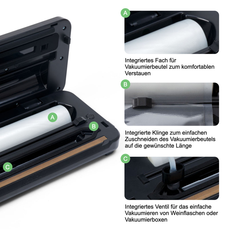 Vakuumierer Vacuum Pro 80 mit integriertem Fach, Klinge zum Zuschneiden und Ventil für Flaschen.