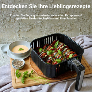 Heißluftfritteuse Kompakt 3.5L mit gesunden Rezepten und köstlichem Gemüsegericht auf einem Holzbrett.