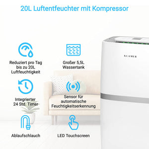 Luftentfeuchter 20/25L mit Kompressor, 20L Entfeuchtungsleistung, 5,5L Wassertank und LED Touchscreen.