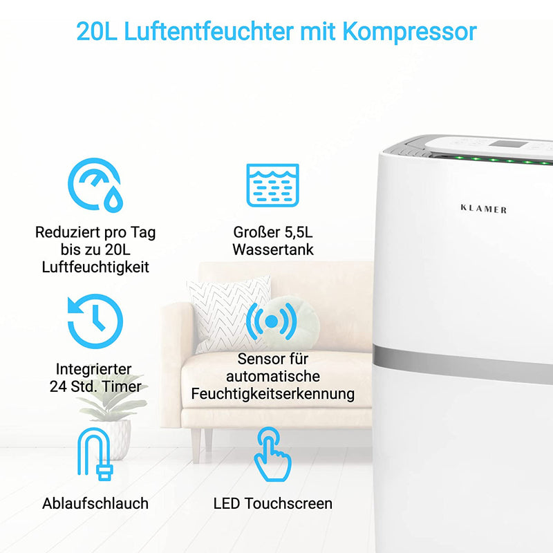 Luftentfeuchter 20/25L mit Kompressor, 20L Entfeuchtungsleistung, 5,5L Wassertank und LED Touchscreen.