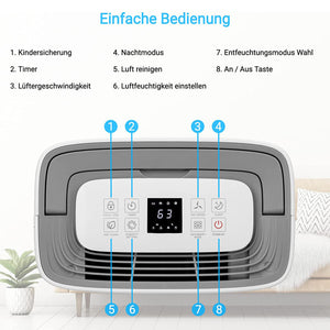 Luftentfeuchter 20/25L digital display with easy-to-use controls for humidity settings and timer functions.
