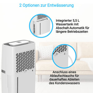 Luftentfeuchter 20/25L mit integriertem 5,5 L Wassertank und Anschluss für Ablaufschlauch zum Wasserabfluss.