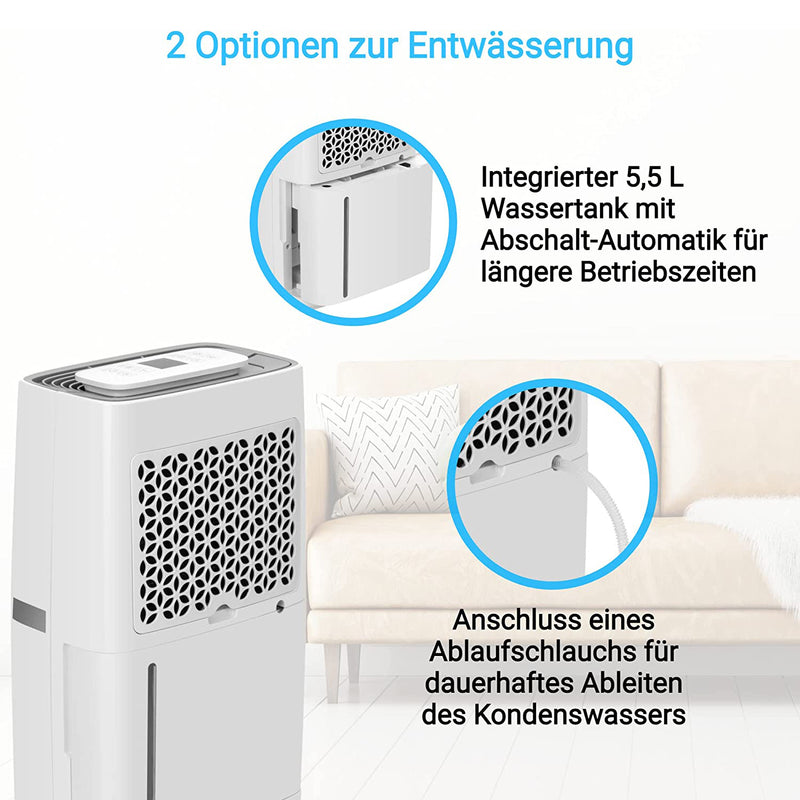 Luftentfeuchter 20/25L mit integriertem 5,5 L Wassertank und Anschluss für Ablaufschlauch zum Wasserabfluss.