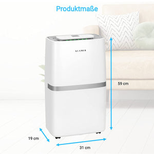 Luftentfeuchter 20/25L mit Produktmaße 19x31x59 cm in einem modernen Raum.