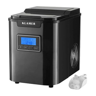 Eiswürfelmaschine 150 Watt von Klamer mit digitaler Anzeige und kompakt im Design, ideal für die Eisproduktion.