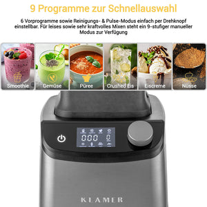 Power Stand-Mixer with 9 quick selection programs for smoothies, soups, purée, crushed ice, and more.