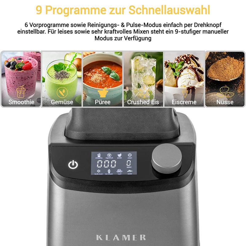 Power Stand-Mixer with 9 quick selection programs for smoothies, soups, purée, crushed ice, and more.