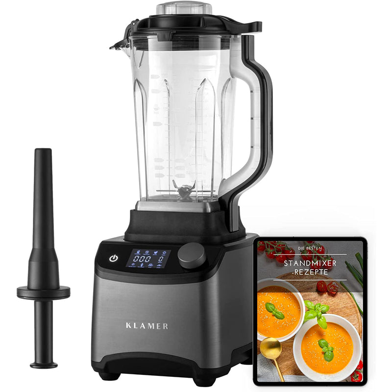 Power Stand-Mixer with digital display, perfect for smoothies, soups, and cocktails, with recipe book included.
